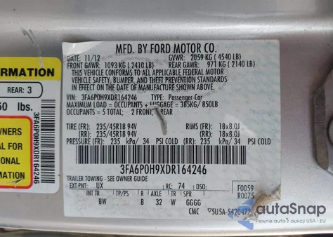 2013 Ford Fusion Se из США, поврежденный, VIN 3FA6P0H9XDR164246